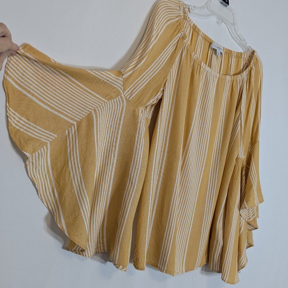 FEVER Yellow Gold w White Stripes Boho Peasant 3/4 Sleeve Pullover Top; Size S